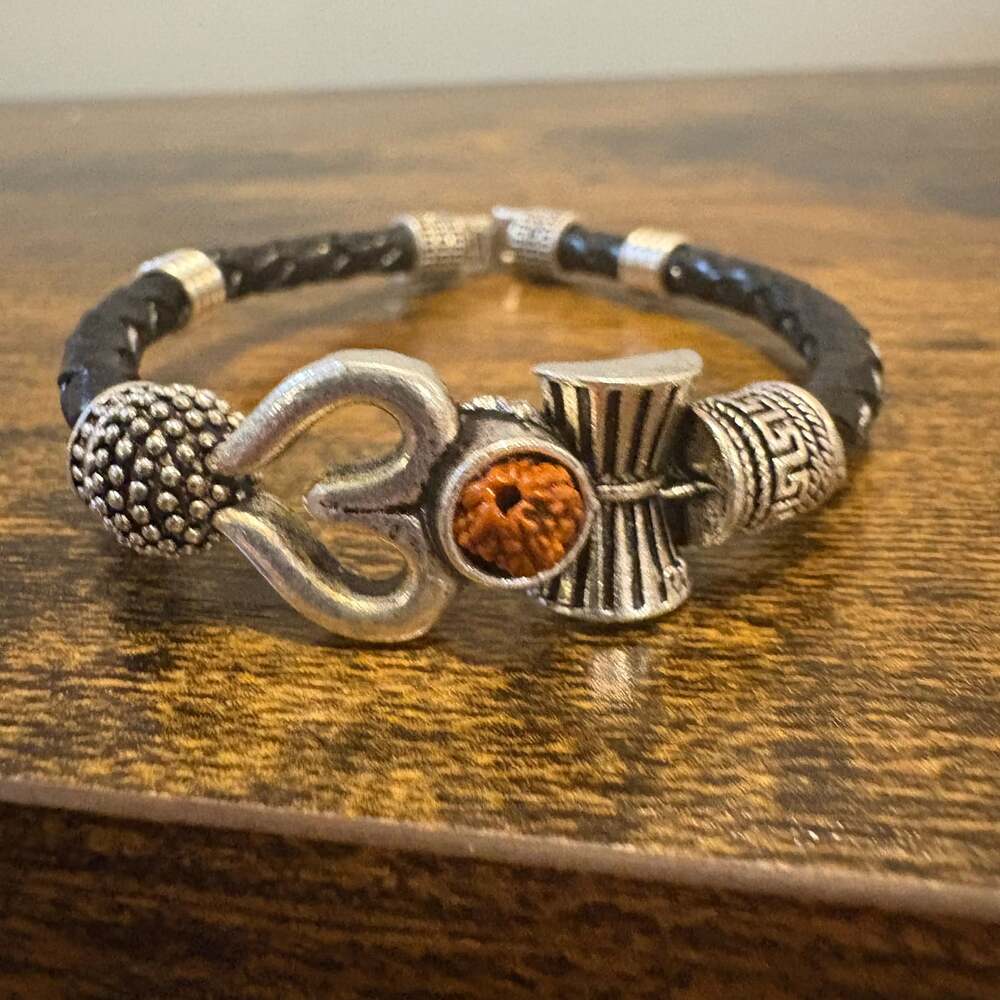 Lord Shiva Om Rudraksha Trishul Damru Braided Black Leather Bracelet